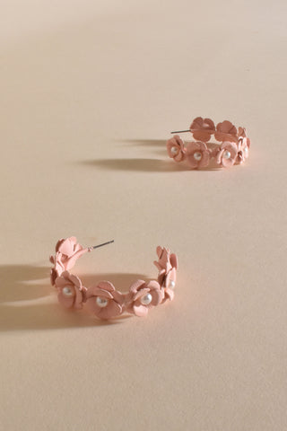 Floral Detail Hoop Earrings - Pink