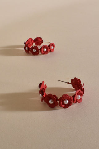 Floral Detail Hoop Earrings - Red
