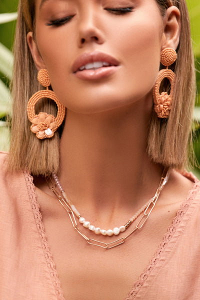 Flower Detail Statement Earrings - Peach