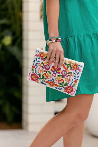 Folk Art Beaded Zip Top Clutch - Multi