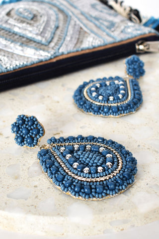 Gina Beaded Teardrop Drop Earrings - Blue
