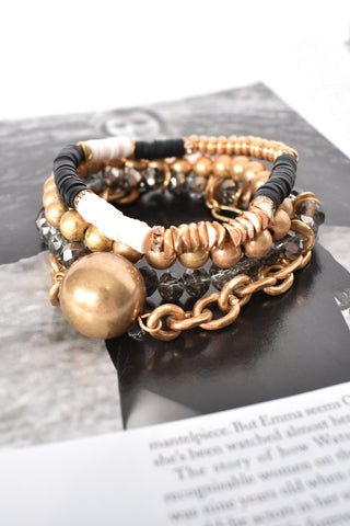 Glass Metal Bead Ball Bracelet - Grey Gold