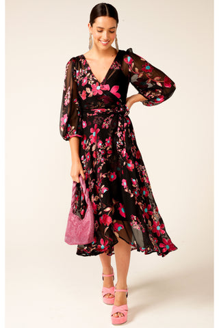 Grandiflora Silk Wrap Dress - Black Fuchsia Floral