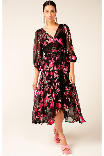 Grandiflora Silk Wrap Dress - Black Fuchsia Floral