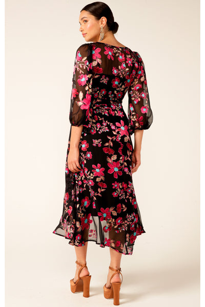 Grandiflora Silk Wrap Dress - Black Fuchsia Floral