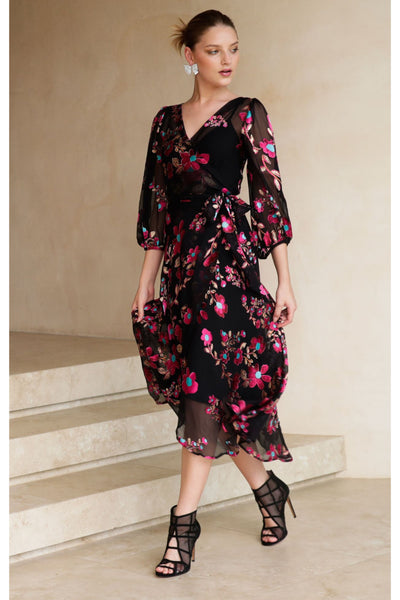 Grandiflora Silk Wrap Dress - Black Fuchsia Floral
