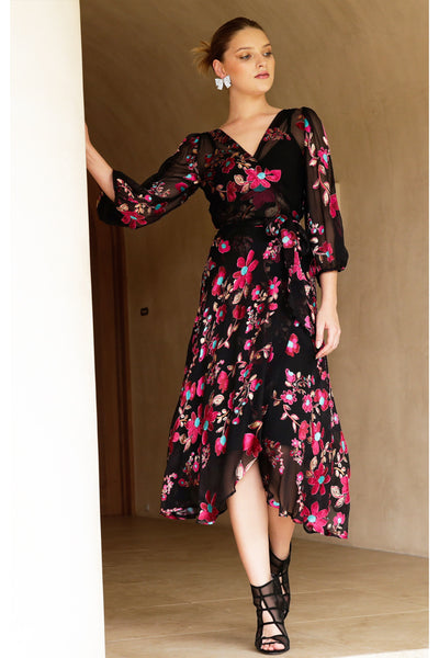 Grandiflora Silk Wrap Dress - Black Fuchsia Floral