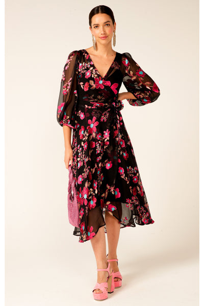 Grandiflora Silk Wrap Dress - Black Fuchsia Floral