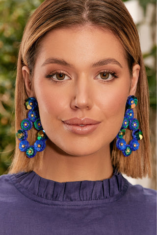Hand Beaded Floral Event Earrings - Blue Multi