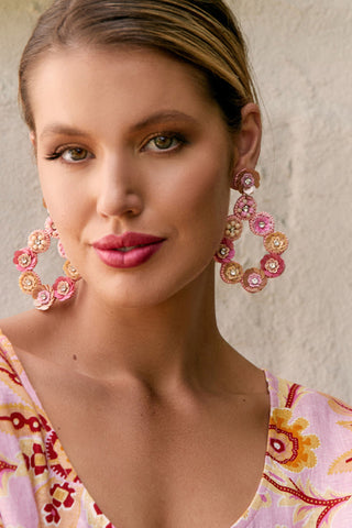 Hand Beaded Floral Event Earrings - Pink Gold