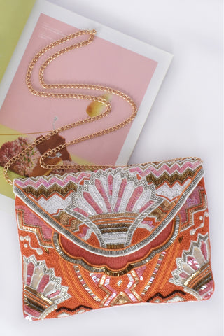 Hand Crafted Beaded Flap Over Clutch - Clay