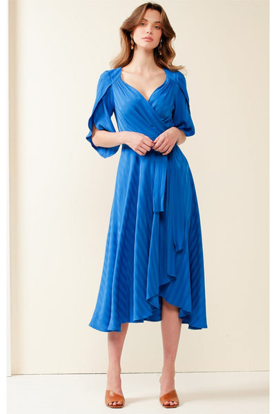 Hanworth House Midi Wrap Dress - Cobalt Self Stripe