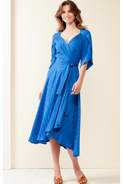 Hanworth House Midi Wrap Dress - Cobalt Self Stripe