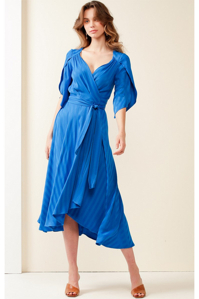 Hanworth House Midi Wrap Dress - Cobalt Self Stripe