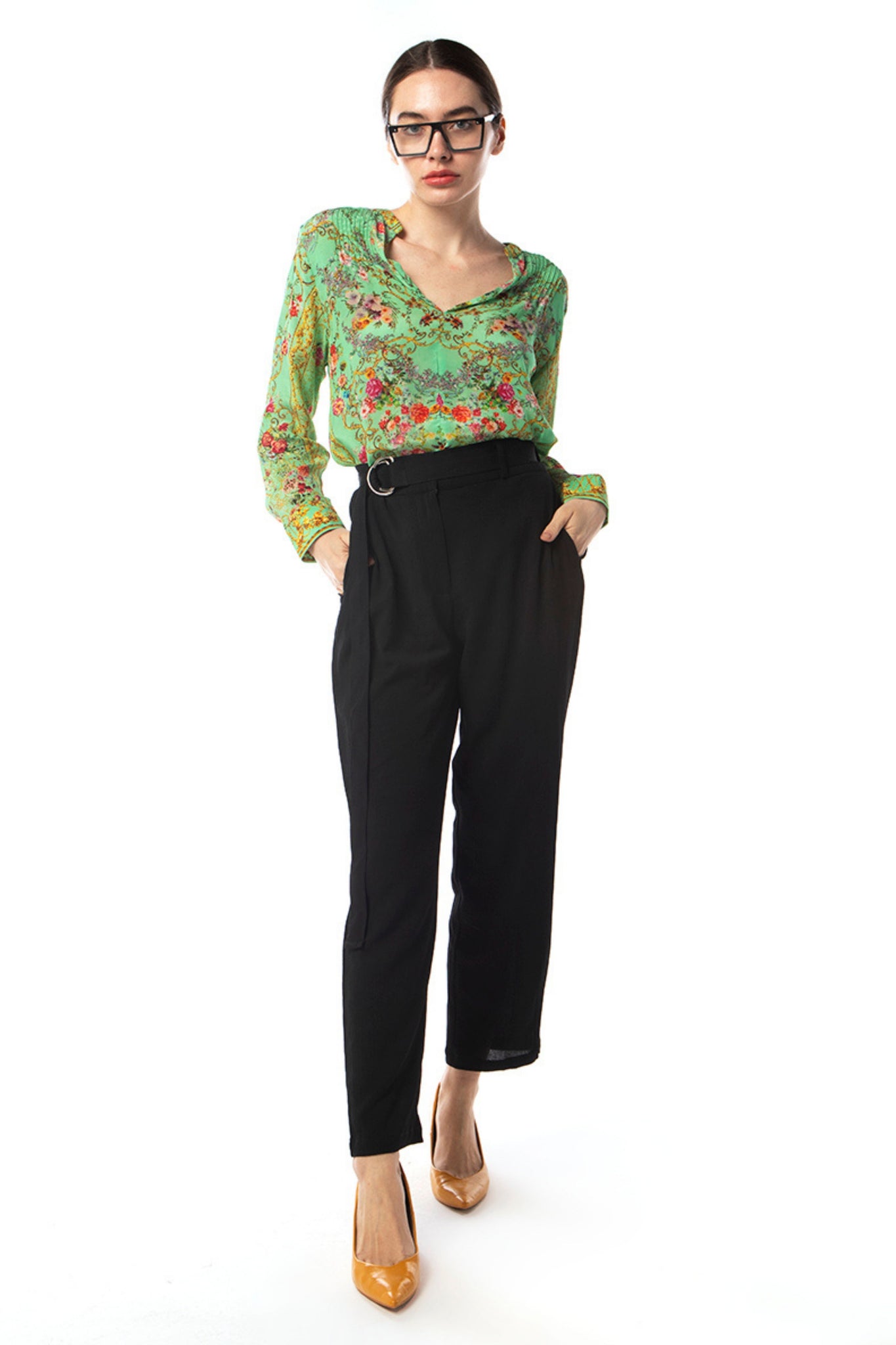 Buy Inoa Silk Blouson Pintuck Blouse in Chartreuse Green and Floral Print