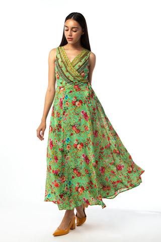 Inoa Silk Gaia Wrap Maxi Dress in Chartreuse Green Print. Camilla Kaftans.