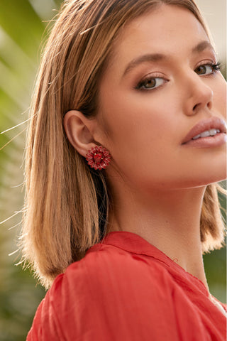 Jewel Centre Layered Flower Stud Earrings - Deep Pink