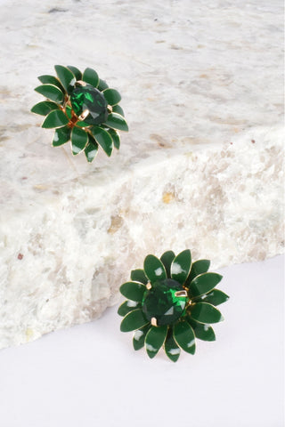 Jewel Centre Layered Flower Stud Earrings - Green