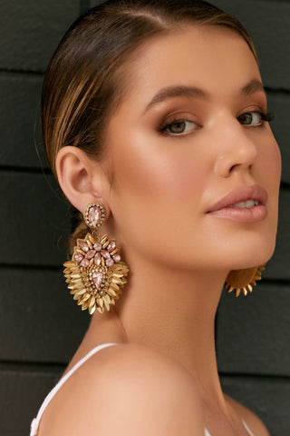 Jewelled Leaf Edge Event Earrings - Pink Gold
