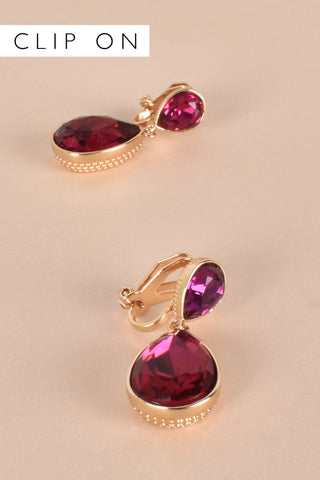 Jewelled Teardrop Clip On Earrings - Hot Pink