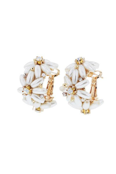 Jolie and Deen Eden Pearl Hoop Earrings with Swarovski Crystal flower design. Delicate flower pearl earrings.