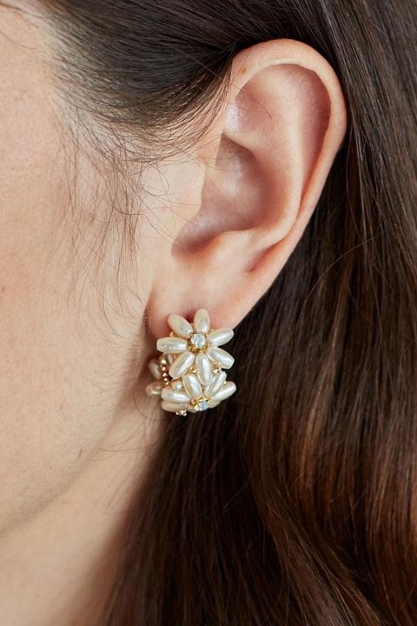 Jolie and Deen Eden Pearl Hoop Earrings with Swarovski Crystal flower design. Delicate flower pearl earrings.