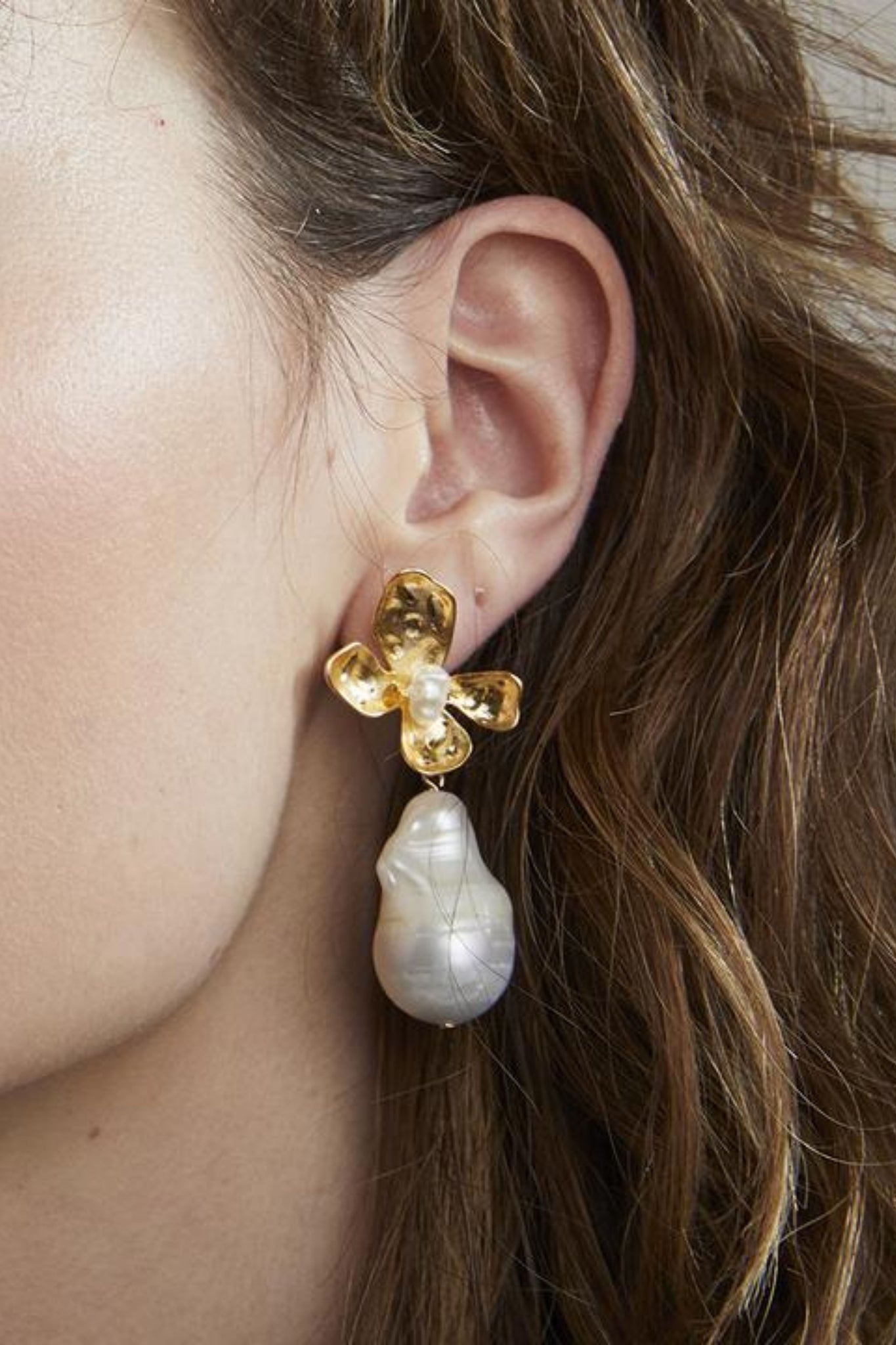 Jolie and Deen Natural Pearl Flower Drop Earring. Statement Freshwater Pearl Earrings.