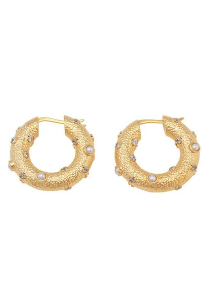 Jolie and Deen Logan Hoop Earrings are a statement textured mid sized gold hoop with pearl and crystal detail.