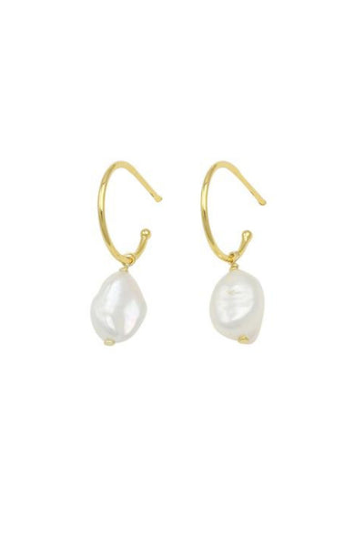 Hypoallergenic Pearl Drop Earrings by Jolie and Deen. Small 18k Gold hoop and Fresh Water Pearls.
