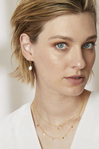 Hypoallergenic Pearl Drop Earrings by Jolie and Deen. Small 18k Gold hoop and Fresh Water Pearls.