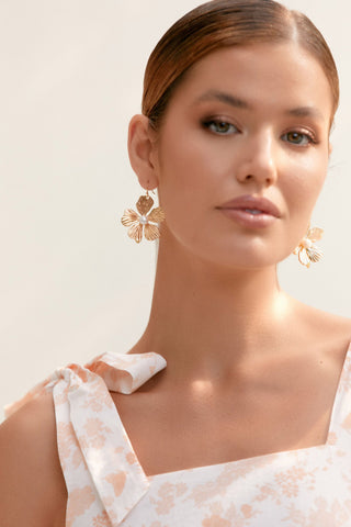 Kalani Metal Orchid Hook Earrings - Gold