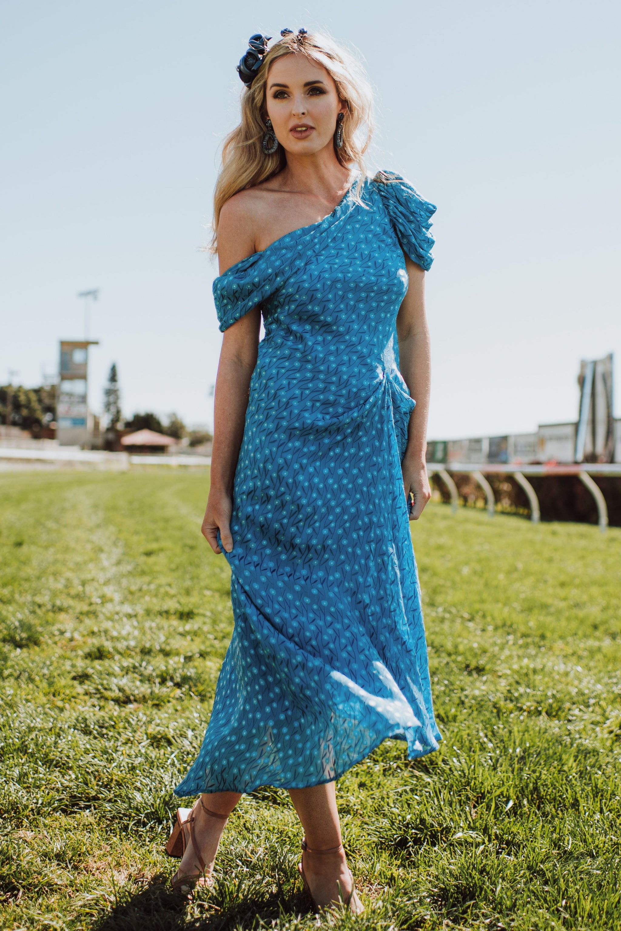 SACHA DRAKE Kaleidoscope Daydream Silk Midi Dress Sky Blue Poppy Smoke Mirrors Boutique