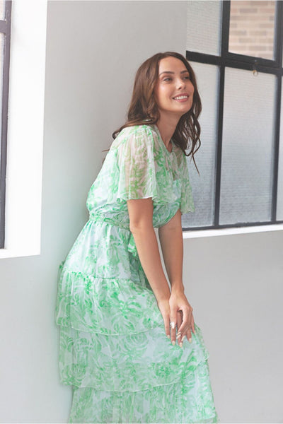 Kamare Collective Doheny Dress in Fern silk. Feminine, tiered dress in Green. Mother of the Bride Dresses Australia. 