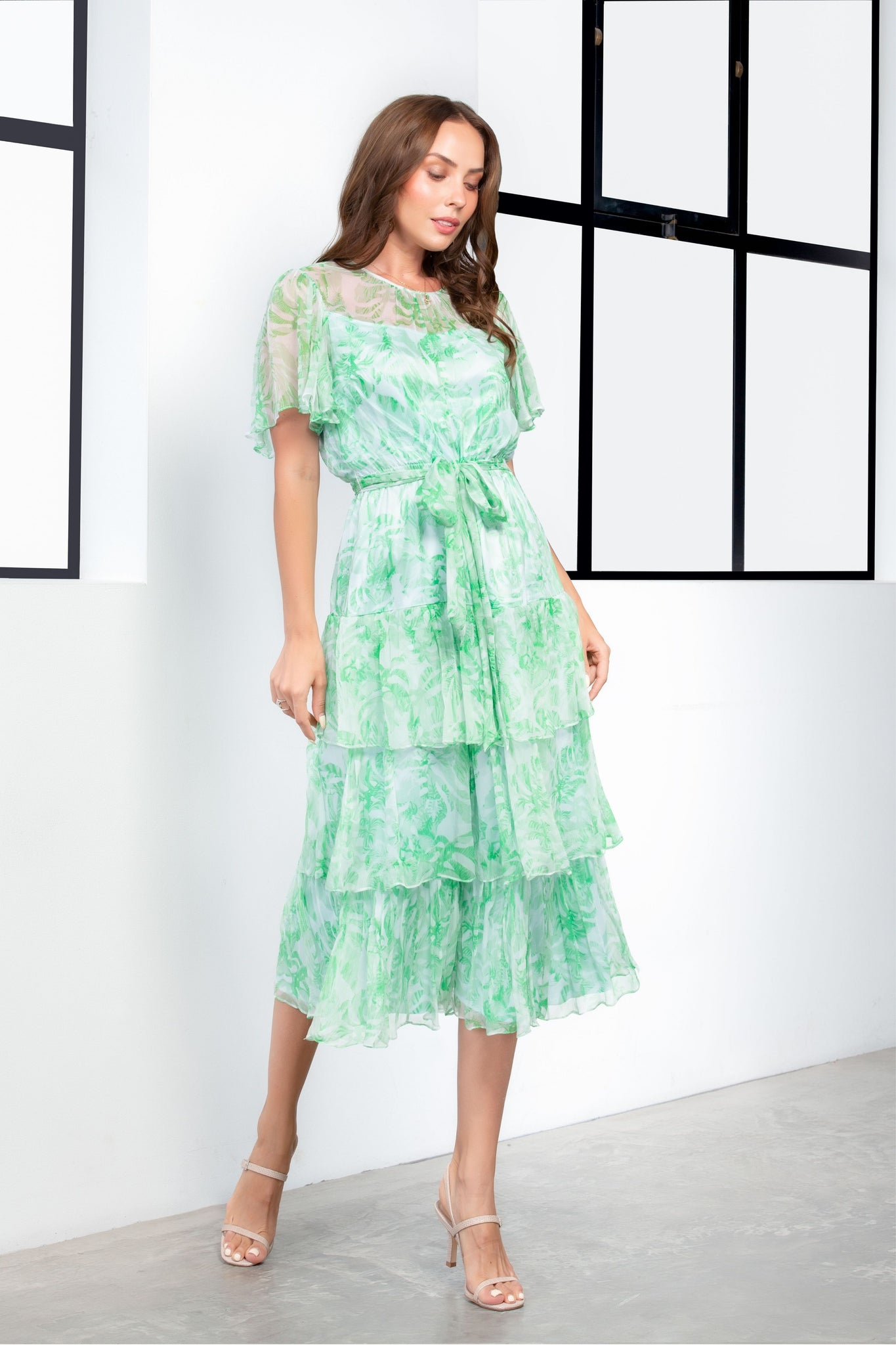 Kamare Collective Doheny Dress in Fern silk. Feminine, tiered dress in Green. Mother of the Bride Dresses Australia. 