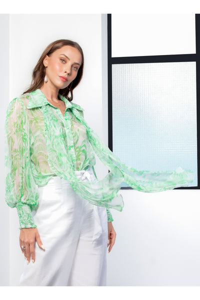 Kamare Collective Milla Blouse in Fern. Green and White print Silk Pussy Bow Blouse with statement sleeve and collar.