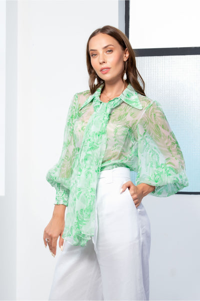 Kamare Collective Milla Blouse in Fern. Green and White print Silk Pussy Bow Blouse with statement sleeve and collar.