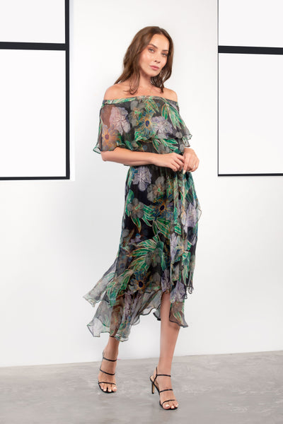 Kamare Collective Misha Silk Dress in Midnight Bloom. Mother of the Bride and Groom Dresses Australia. Off the Shoulder black and green floral midi dress. 