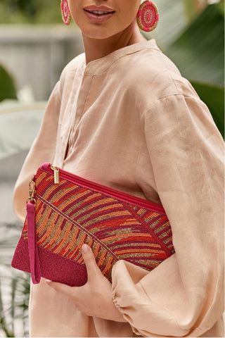 Leaf Front Beaded Zip Top Clutch - Fuchsia