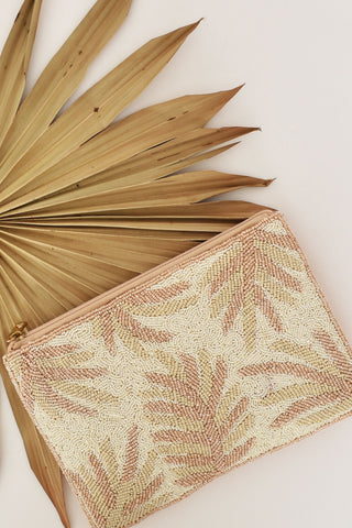Leaf Pattern Bead Front Zip Top Clutch - Cream Nude