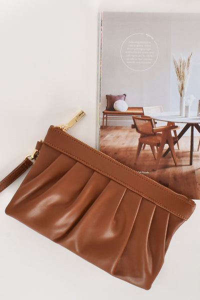 Leona Vegan Leather Pleated Clutch - Tan