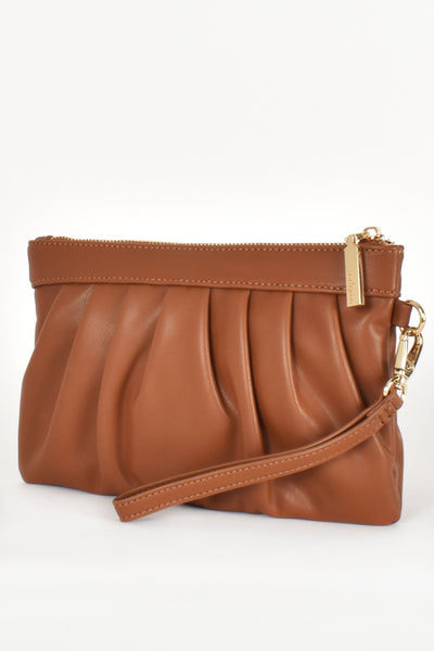 Leona Vegan Leather Pleated Clutch - Tan