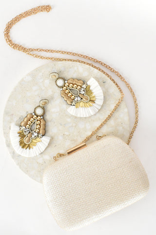 Lillie Curved Edge Weave Structured Clutch - Cream