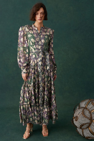 Lisa Pleated Shirt Dress - Moss Green Gold Lurex