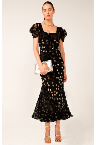 Ludo Bias Midi Dress - Black Gold Velvet Spot