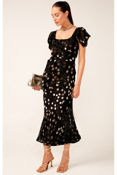 Ludo Bias Midi Dress - Black Gold Velvet Spot