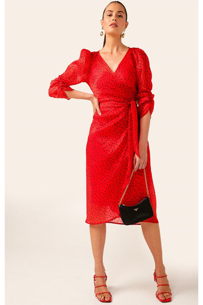 Luna Lu Wiggle Wrap Dress - Red Black Velvet Spot