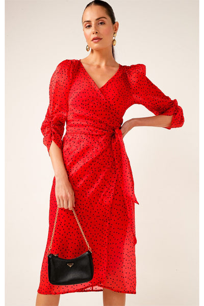 Luna Lu Wiggle Wrap Dress - Red Black Velvet Spot