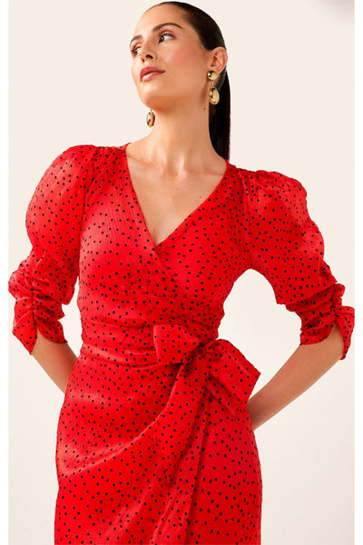 Luna Lu Wiggle Wrap Dress - Red Black Velvet Spot