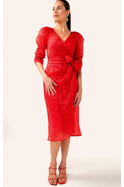 Luna Lu Wiggle Wrap Dress - Red Black Velvet Spot