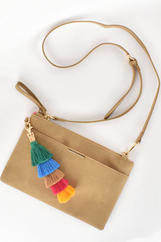 Lylah Faux Suede Tassel Crossbody Bag - Dark Camel